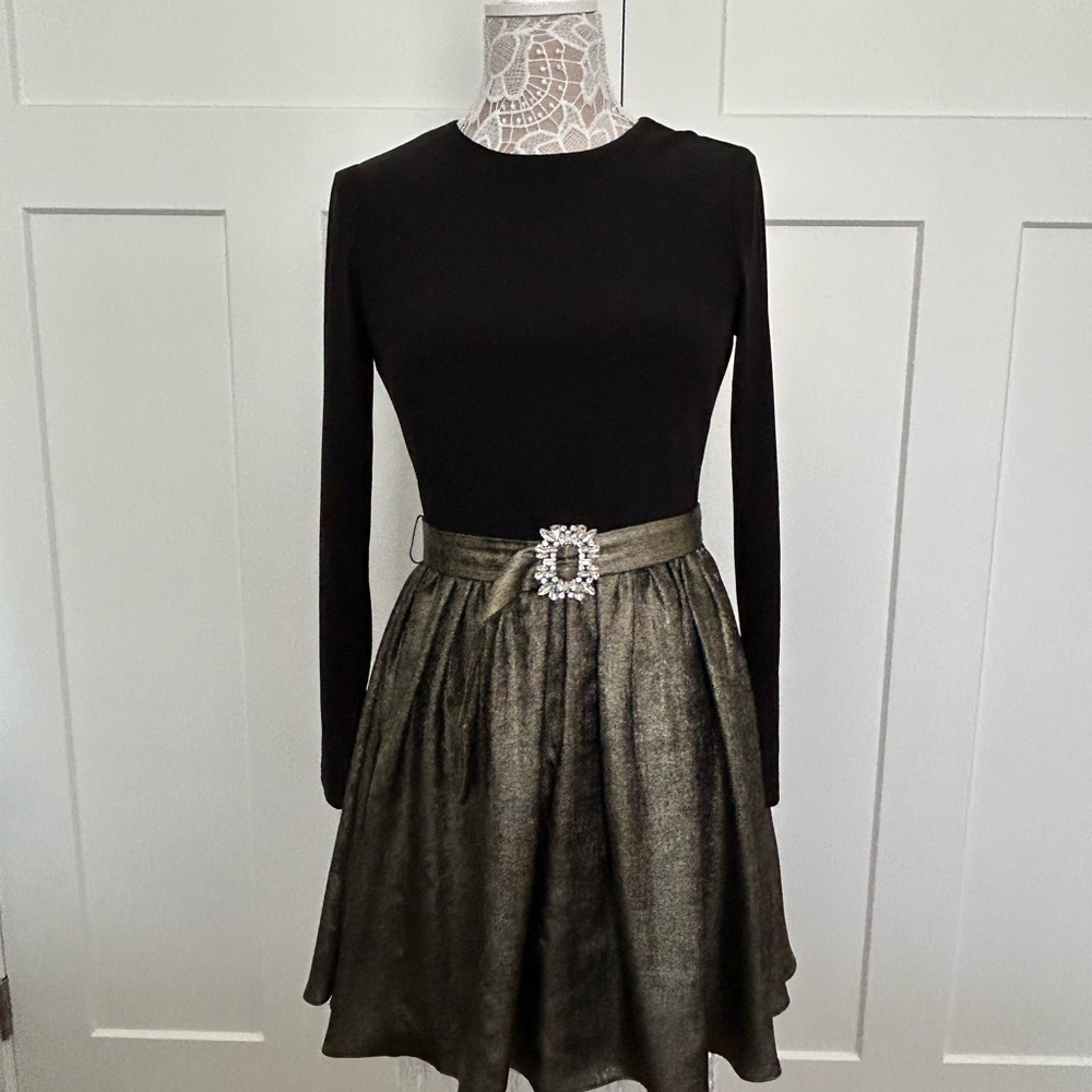 Adrianna Papell Elegant Black and Gold Dress with Rhinestone Belt